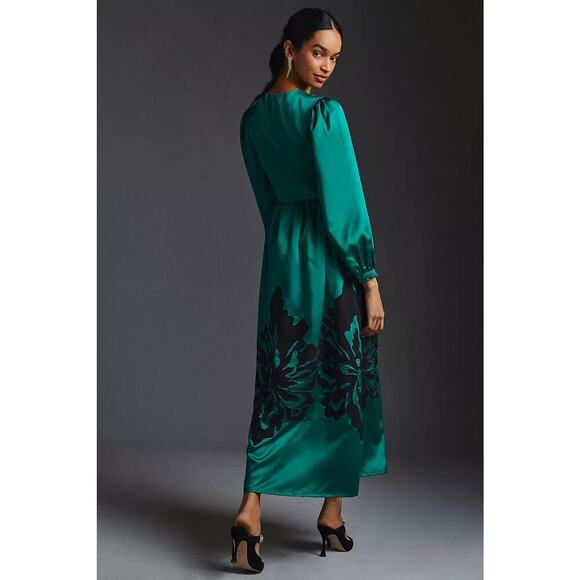 NWD Anthropologie Nikasha Embroidered Satin Dress Size XSP Petites Green #8F409 - Picture 2 of 12